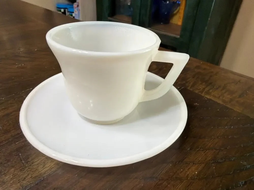 Vintage White Milk Glass Coffee Cup & Saucer Set Mid Century Retro Fire King MCM